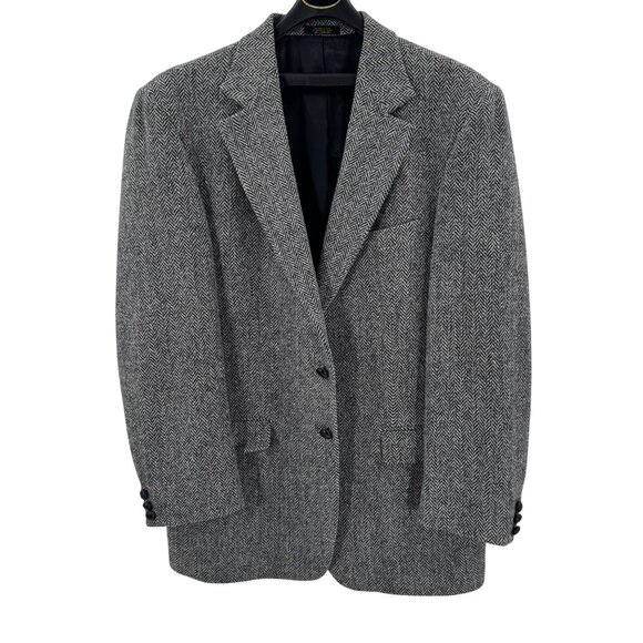 Harris Tweed Handwoven 100% Wool Herringbone Blazer Mens 42L Gray Black Tailored - Picture 1 of 8
